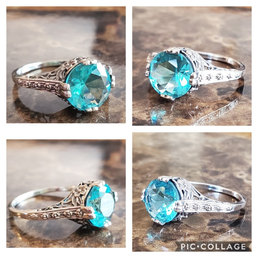 Genuine 3ct Aquamarine Art Deco Ring Size 7 - Picture 7 of 8